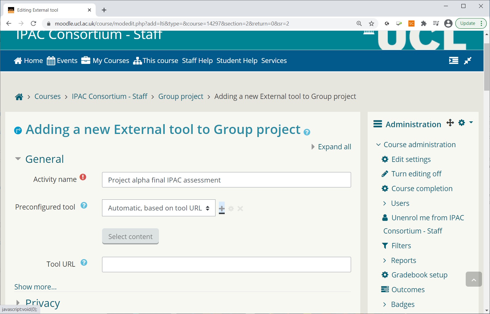 Moodle – Add External tool Manual setup pt 1