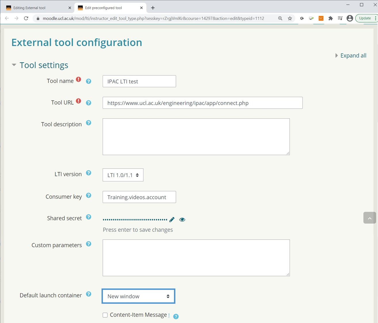Moodle – Add External tool Manual setup pt 2
