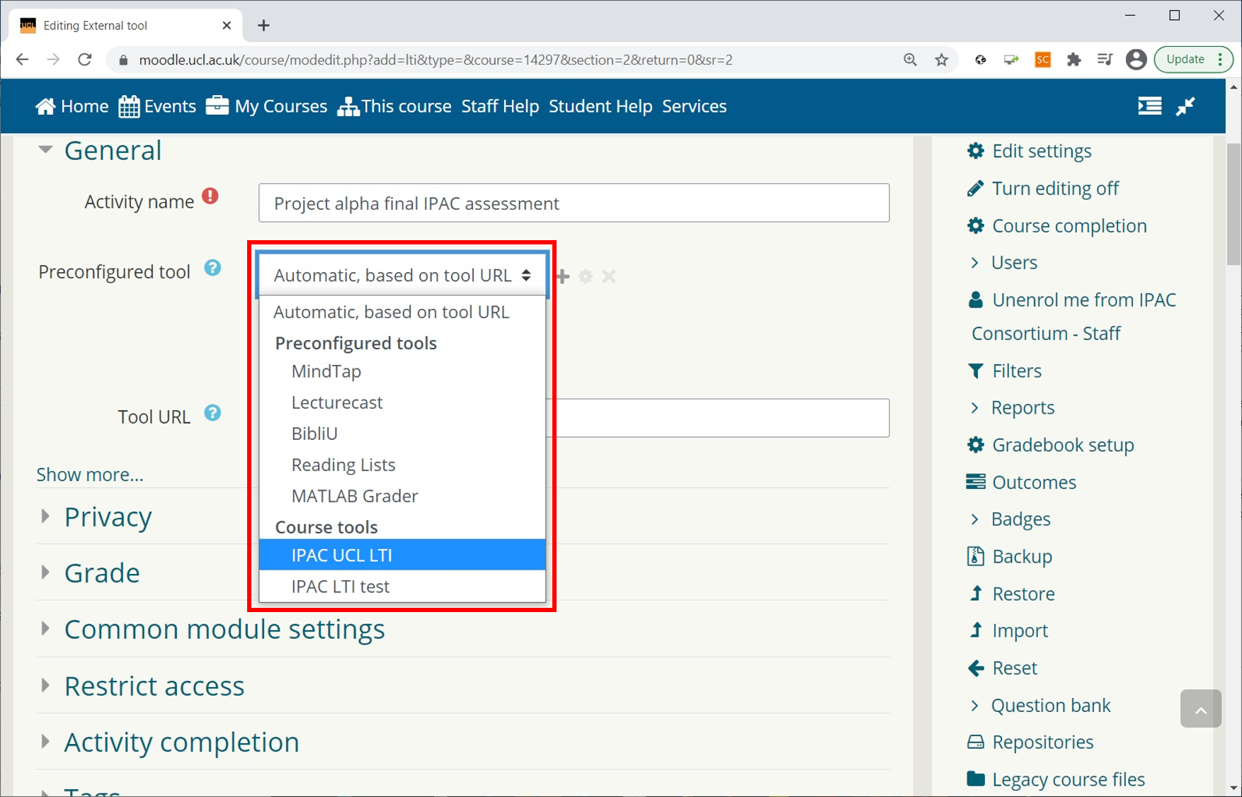 Moodle – Add External tool Manual setup pt 2