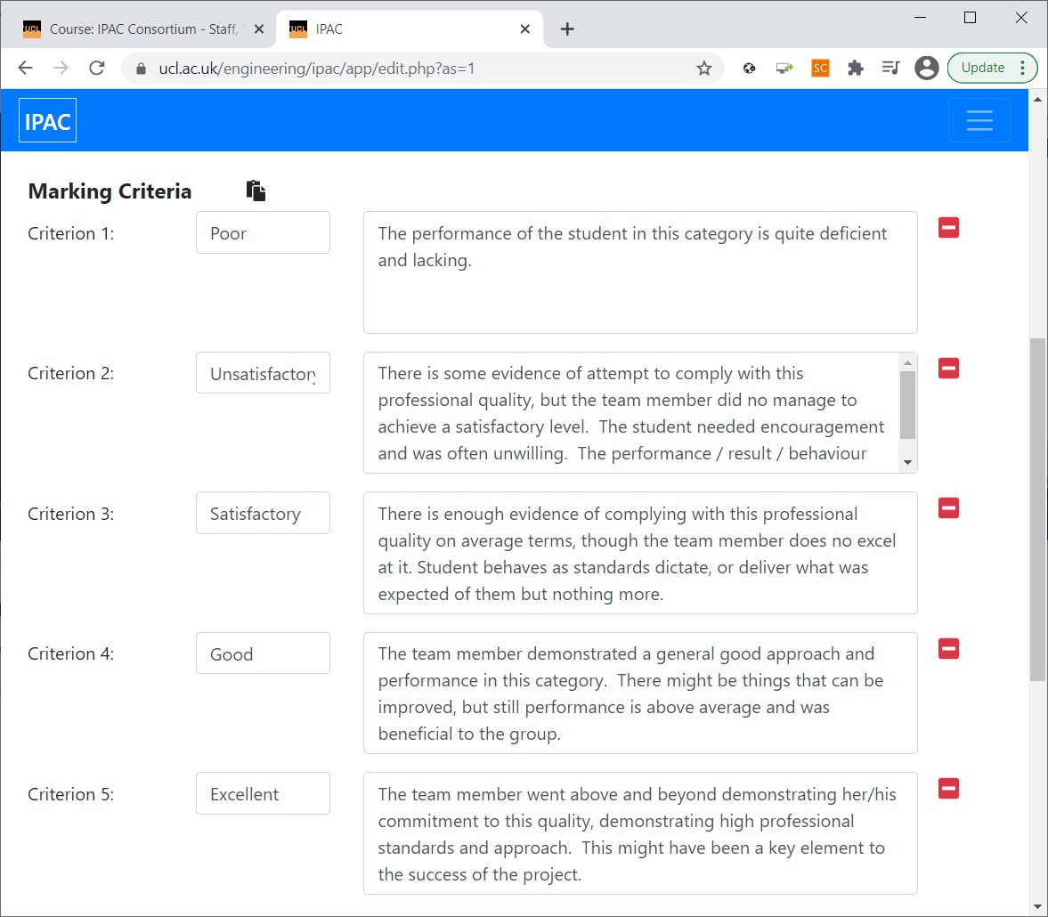 Questionnaire criteria