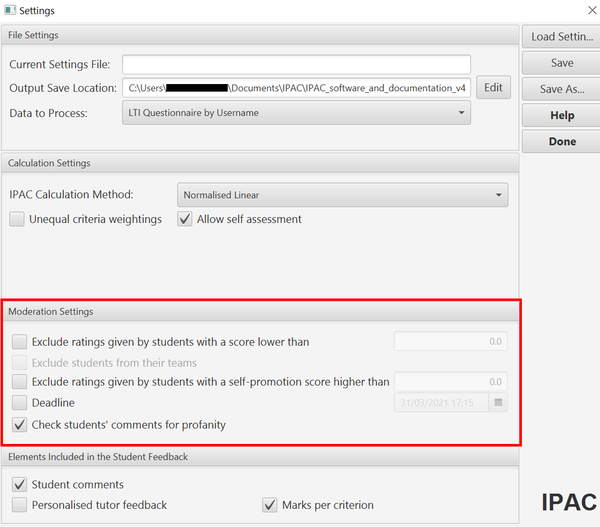 IPAC software Moderation Settings