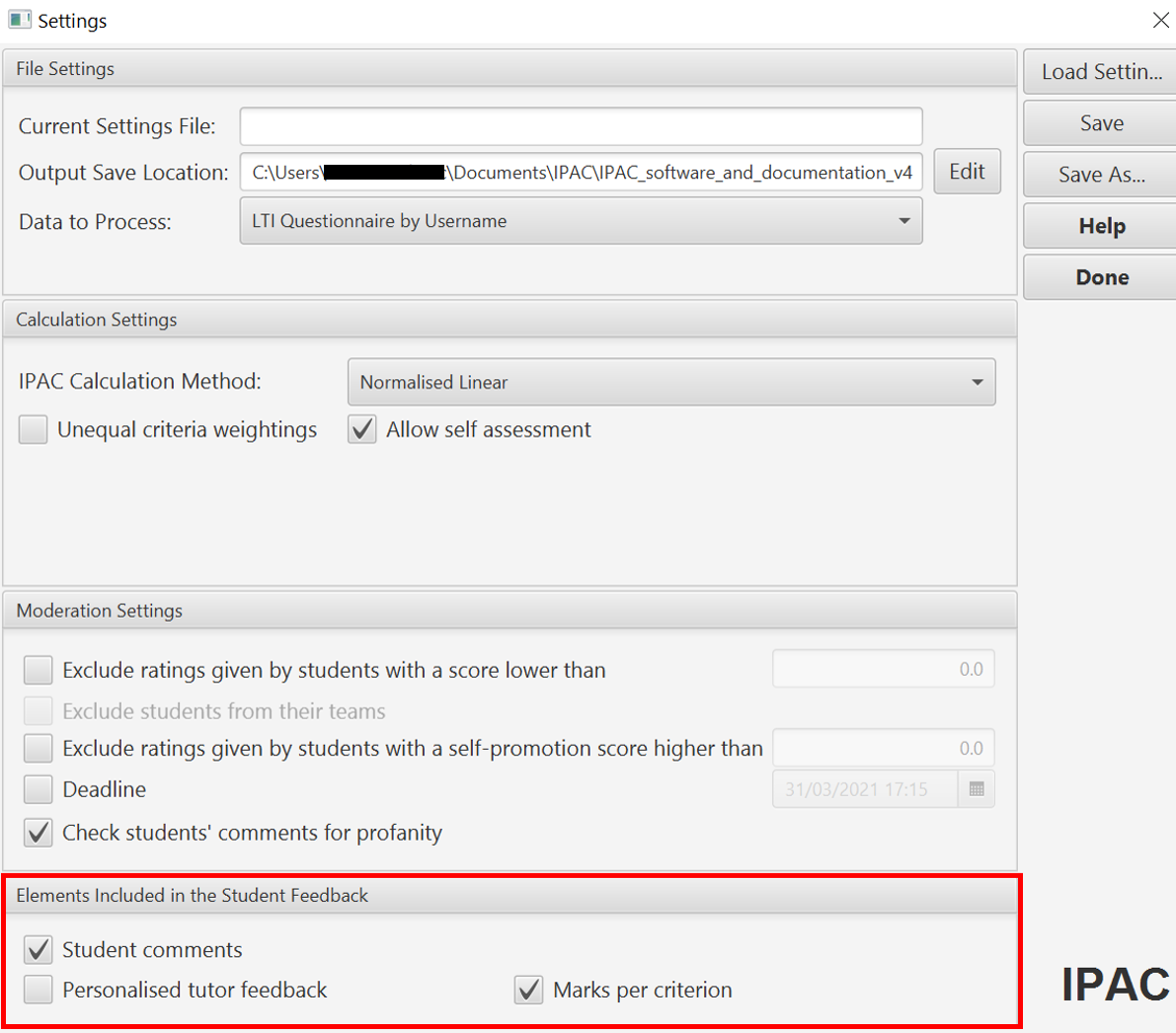 IPAC software Feedback elements