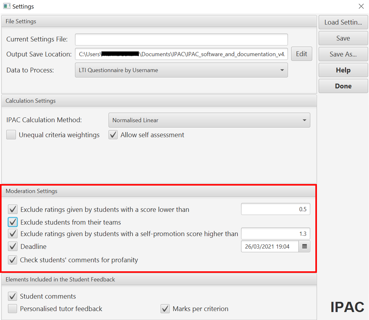 IPAC software Moderation Settings