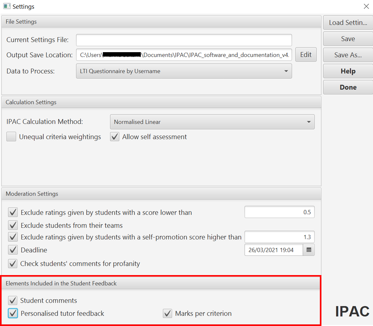 IPAC software Feedback elements
